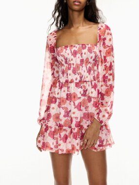 Aritzia Wilfred Tempest Mini Dress Smocked Chiffon Pink Floral Size Small